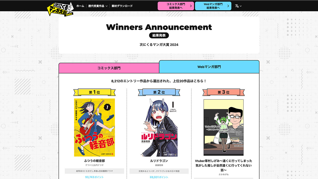 次にくるマンガ大賞2024のコミックス部門とWebマンガ部門のTOP20まとめ