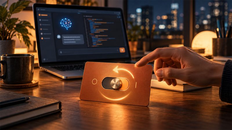 Claudeへの再契約を示すスイッチに手を伸ばすAI開発環境
