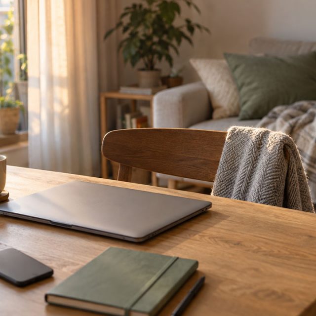 休息の時間を象徴する閉じたノートパソコンとソファのある部屋